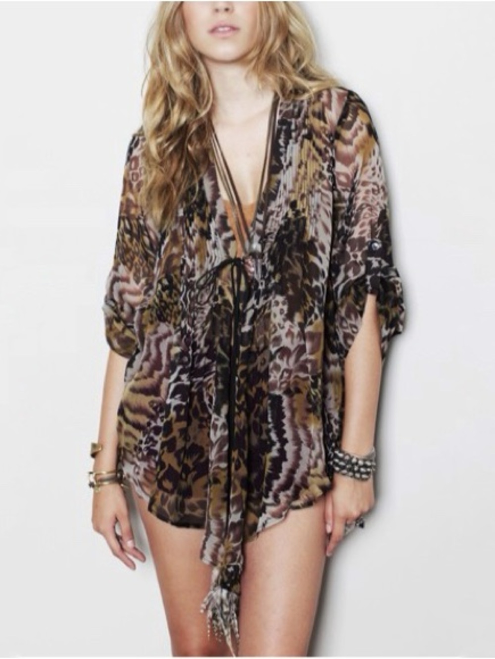 Elizabeth and James Silk Sheer Animal Print Feather Boho Blouse Small